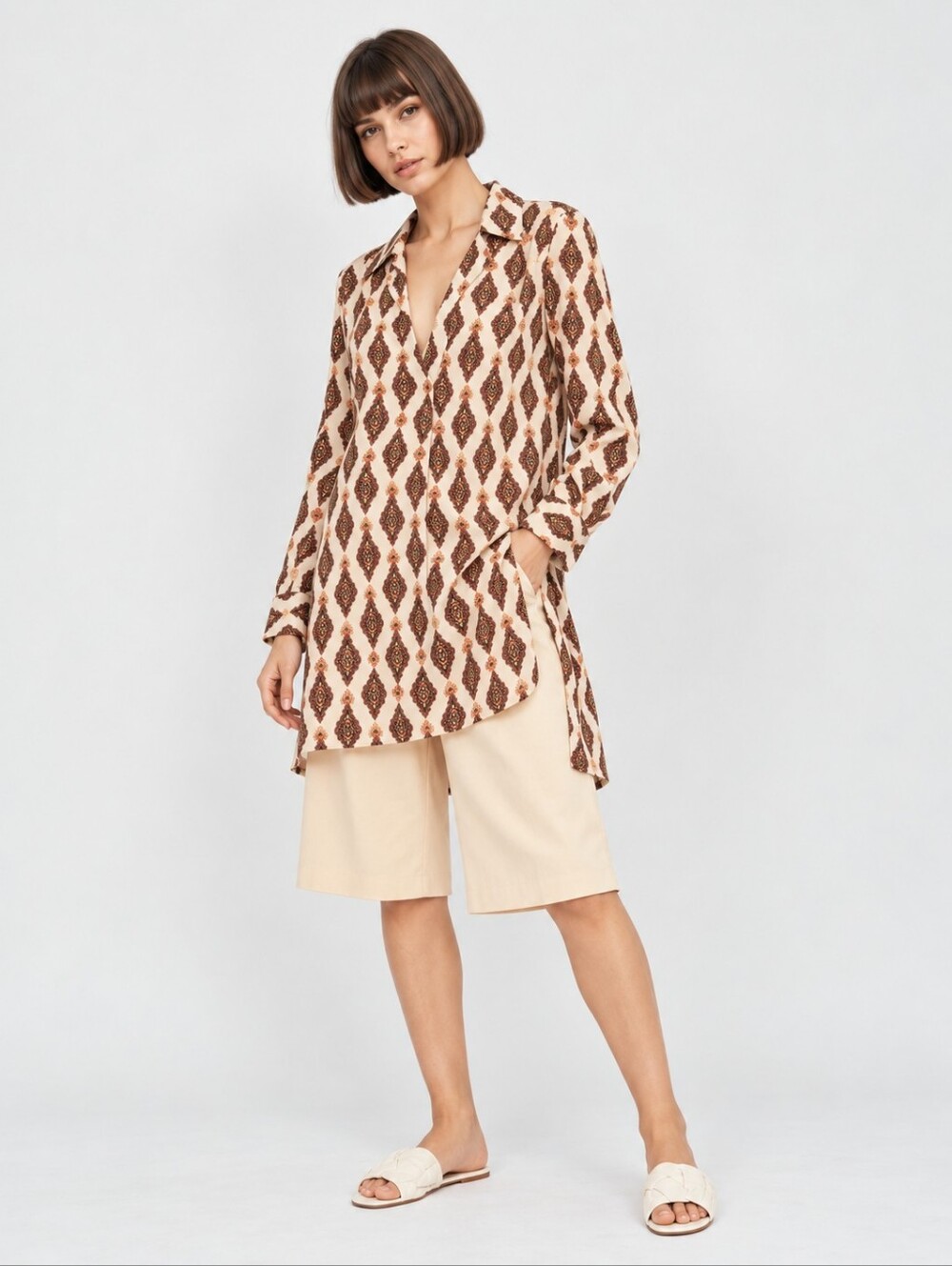 Zara Retro Medallion Print Longline Tunic Blouse Size M